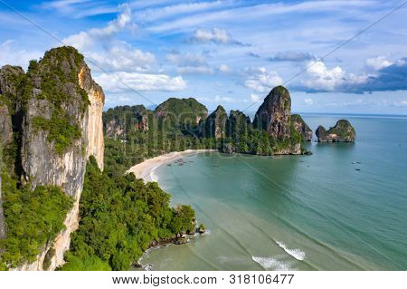 Travel vacation background - Aerial view of Railay beach, one of the most famousm, luxurious beach of Krabi, Thailand.
