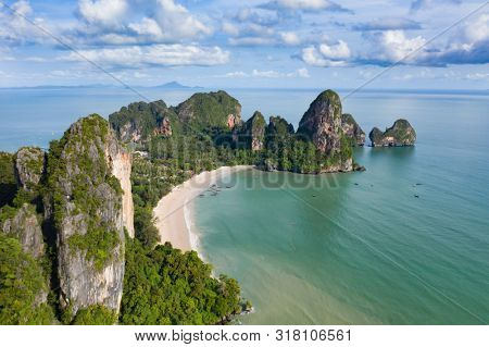 Travel vacation background - Aerial view of Railay beach, one of the most famousm, luxurious beach of Krabi, Thailand.