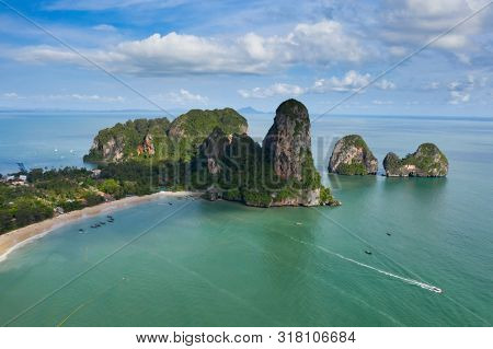 Travel vacation background - Aerial view of Railay beach, one of the most famousm, luxurious beach of Krabi, Thailand.
