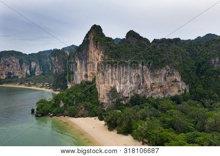 Travel vacation background - Aerial view of Railay beach, one of the most famousm, luxurious beach of Krabi, Thailand.