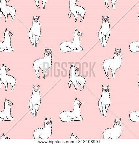Seamless Pattern With Cute Hand Drawn Lamas Isolated On Pink Background. Repeated Ornament With Cart