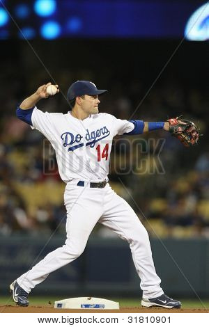 LOS ANGELES - SEP 22: Dodgers 2B #14 Jamey Carroll during the Padres vs. Dodgers game on Sep 22 2010 at Dodgers Stadium.