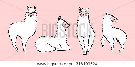 Set Of Cute Hand Drawn Lamas Isolated On Pink Background. Bundle Of Cartoon Animals In Doodle Style.