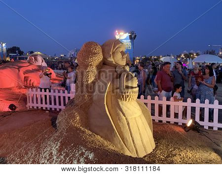 Ashkelon, Israel - August 19, 2019: Ashkelon International Sand Sculpture Festival 2019. Sculptures 