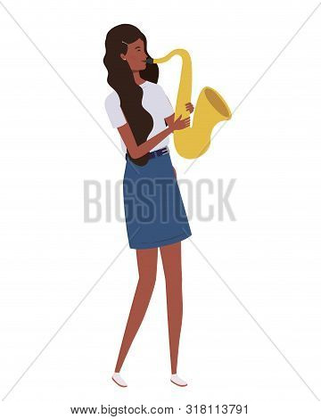 Young Woman With Saxophone On White Background Vector Illustration Design