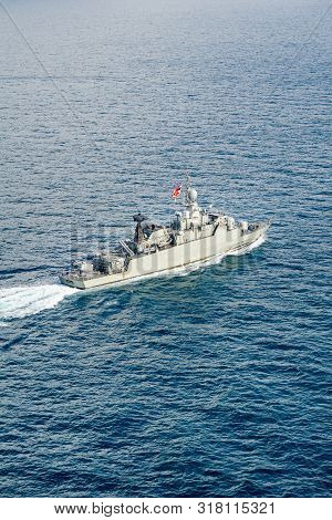Chonburi, Thailand - April 28, 2018: Htms Rattankosin Sails In The Sea During Austhai 2019 Bilateral
