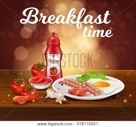 Breakfast Time Square Banner, Plate With Scrabbled Eggs, Bacon And Salad Leaves Stand On Wooden Tabl