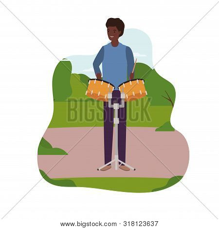 Young Man With Timpani In Background Landscape Vector Illustration Design
