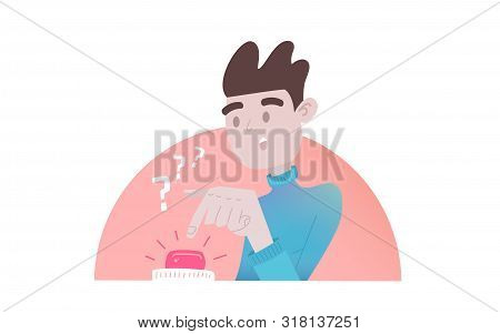 Cartoon Character And Red Button. A Person Makes A Difficult Choice, Presses The Red Button, An Alte
