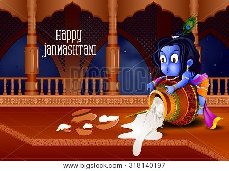 Lord Krishna Eating Makhan Cream On Happy Janmashtami Holiday Indian Festival Greeting Background