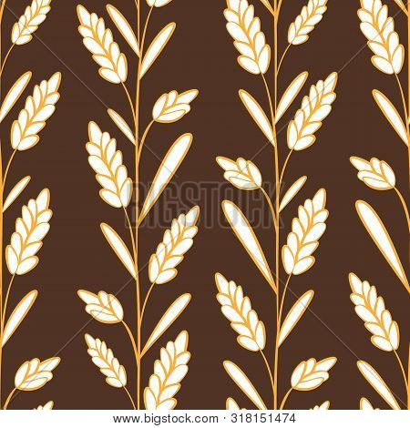 Vector Seamless Pattern With Ears Of Wheat On Dark Brown Background. Whole Grain, Organic, For Baker