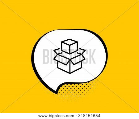Box Line Icon. Comic Speech Bubble. Delivery Parcel Sign. Packing Boxes Symbol. Yellow Background Wi
