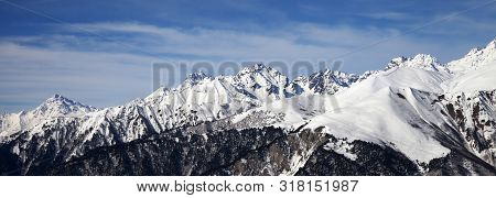 Panoramic View On Snowy Mountains In Sun Winter Day. Caucasus Mountains. Svaneti Region Of Georgia.