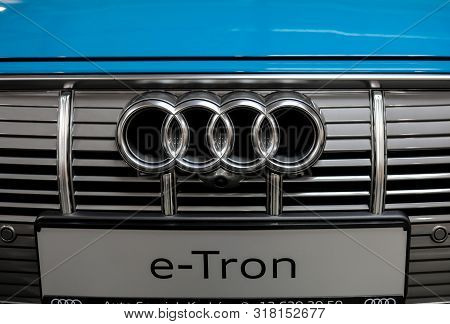 Cracow, Poland - May 18, 2019: Audi E-tron Metalic Logo Closeup On The Car Displayed At Moto Show In