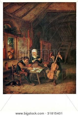 USSR - CIRCA 1982: Postkort trykt i USSR viser lodtrækningen af Adriaen van Ostade (1610-1685) 