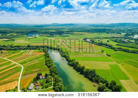 Rural Countryside Landscape In Croatia, Confluence Of Korana And Kupa Rivers Between Agriculture Fie