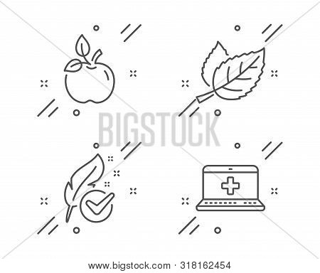 Hypoallergenic Tested, Eco Food And Leaf Line Icons Set. Medical Help Sign. Feather, Organic Tested,