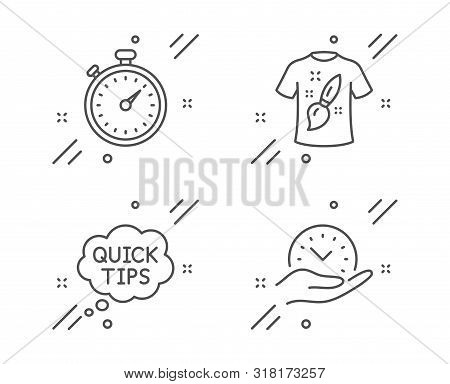 Timer, Quick Tips And T-shirt Design Line Icons Set. Safe Time Sign. Stopwatch Gadget, Helpful Trick