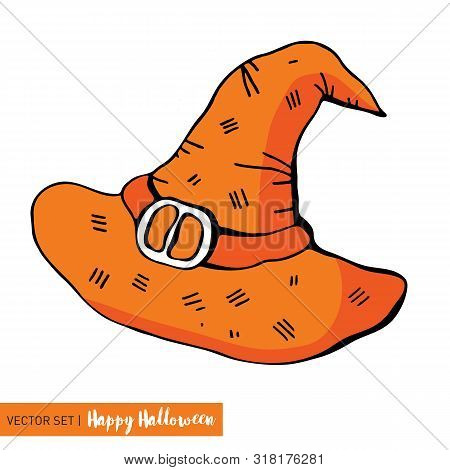 Witch Hat On Halloween. Vector Illustration Of An Isolated Object On A White Background. A Festive A