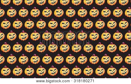 Cheerful Pumpkin Template For Halloween On A Black Background In Watercolor. Decoration For The Autu