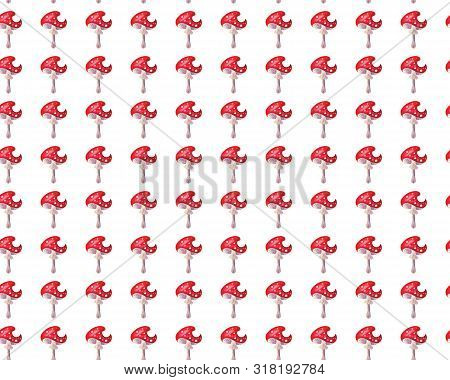 Seamless Pattern. Red, Bright Fly Agarics On A White Watercolor Background. Forest Mushrooms. Mystic