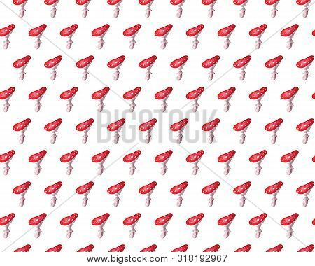 Seamless Pattern. Red, Bright Fly Agarics On A White Watercolor Background. Forest Mushrooms. Mystic
