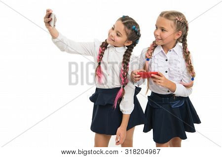 Nurturing Your Blog Culture. Little Schoolchildren Making Selfie For New Blog Isolated On White. Sma