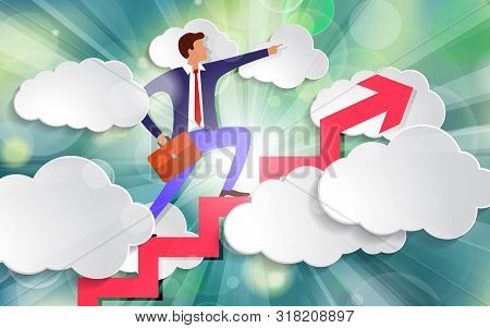 Businessman Stands On Growing Up Arrow And Points Forward In Direction Of Movement Among White Paper