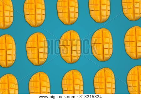 Pattern Of Mango Fruit Slice On Sea Green Background, Multani Chaunsa