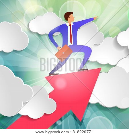 Businessman Stands On Growing Up Arrow And Points Forward In Direction Of Movement Among White Paper