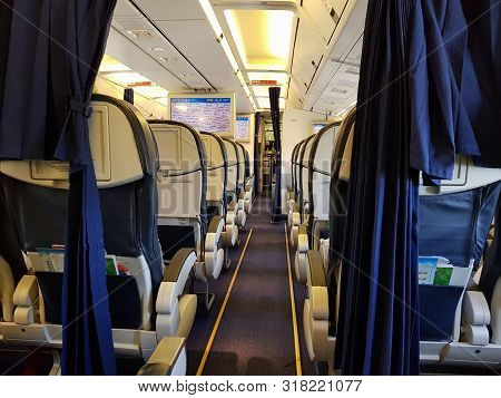 Airport Borispol, Airlines Uia, Ukraine - May 02, 2018: Passenger Seats And Aisle In Airplane Cabin.
