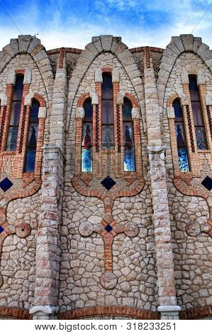 Novelda, Alicante, Spain- November 28, 2018: Details, Archs, Tower And Tiles Of Sanctuary Of Santa M