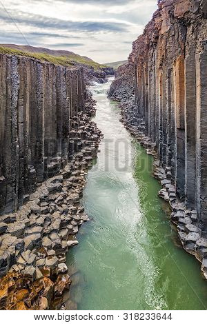 Studlagil Basalt Canyon, Iceland. One Of The Most Wonderfull Nature Sightseeing In Iceland.