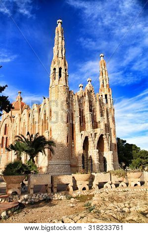 Novelda, Alicante, Spain- November 28, 2018: Details, Archs, Tower And Tiles Of Sanctuary Of Santa M