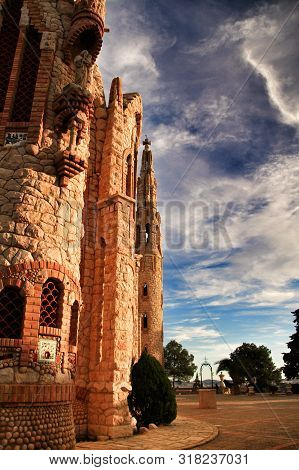 Novelda, Alicante, Spain- November 28, 2018: Details, Archs, Tower And Tiles Of Sanctuary Of Santa M
