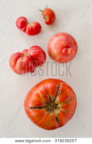 Trendy Of Ugly Vegetables. Tomatoes On A Light Gray Background. The Concept Of Healthy Eating. The C