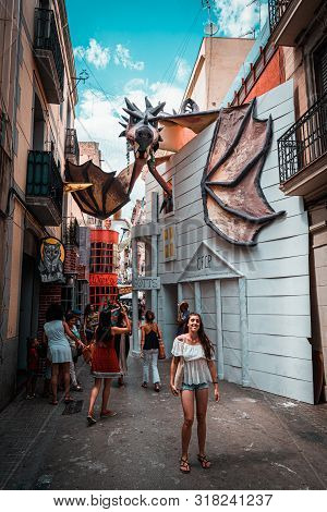 Barcelona, Spain. August 2019: Harry Potter Recreation In A Street Of Gracia Street Festival In Barc