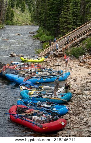Lowman Idaho - July 1, 2019: Rafting Tours Put In Rafts Down The Ramp At Boundary Creek Area Of Idah