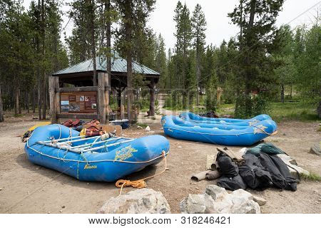 Lowman, Idaho - July 1, 2019: Whitewater Rafting Groups Prepare To Launch A Raft For A River Rafting