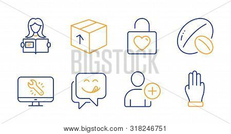 Yummy Smile, Wedding Locker And Monitor Repair Line Icons Set. Package, Soy Nut And Woman Read Signs