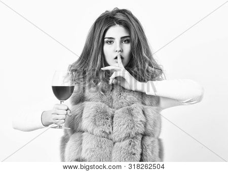 Alcohol And Cold Weather. Woman Enjoy Wine. Hedonism Concept. Lady Curly Hairstyle Likes Expensive L