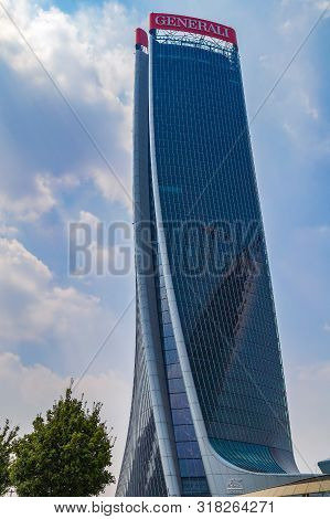 Milan, Italy - June 28, 2019: Generali Tower By Zaha Hadid In City Life Complex, Tre Torri Milan Pla