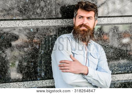 Guy Masculine Appearance With Long Beard. Barber Concept. Beard Grooming. Beard Care. Man Attractive