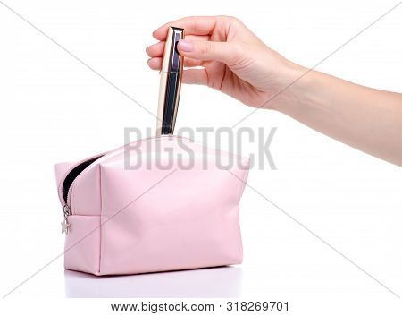 Mascara Put Intp Pink Cosmetic Bag Beauty On White Background Isolation