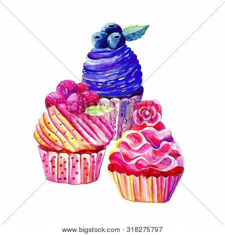 Set Of Cakes And Sweets. Raspberry And Blueberry Muffins. Multi-watercolor Illustrations. Objects Is