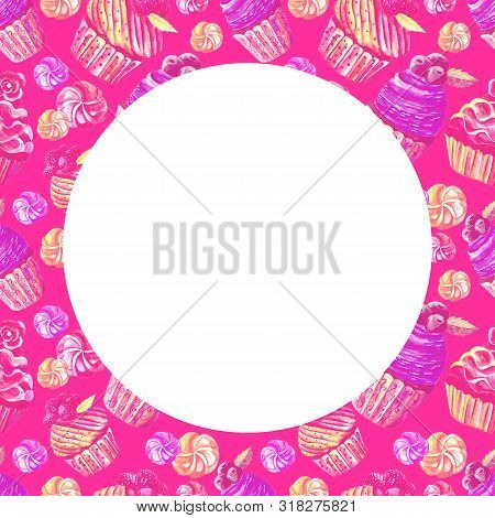 Banner For Social Networks And Design. Seamless Pattern Of Cakes, Cupcakes, Marshmallow Watercolor O