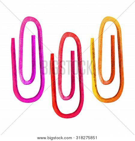 Watercolor Illustration Of Three Colorful Office Paper Clips, Isolated On White Background. A Hand-d