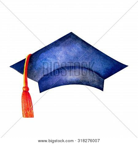 Watercolor Illustration Of Academic Student Graduation Celebration Uniform Cap. University Hat In Bl
