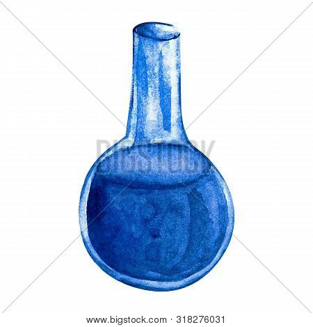 Chemical Flask For Experiments In Watercolor. Isolated Object On White Background. Utensils For Chem