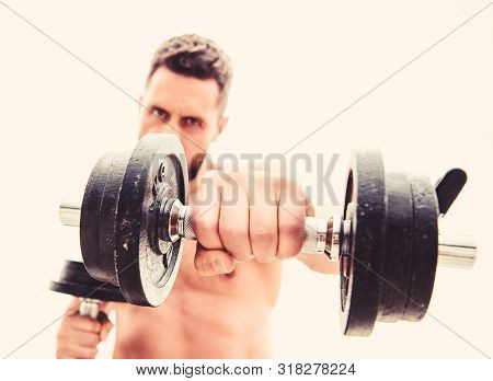 Fitness Health Diet. Athletic Body. Dumbbell Gym. Man Sportsman With Strong Ab Torso. Steroids. Musc